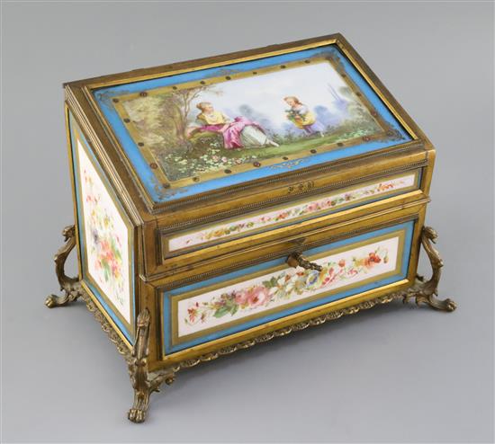 A Sevres style ormolu mounted stationery casket, late 19th century, W. 29.5cm